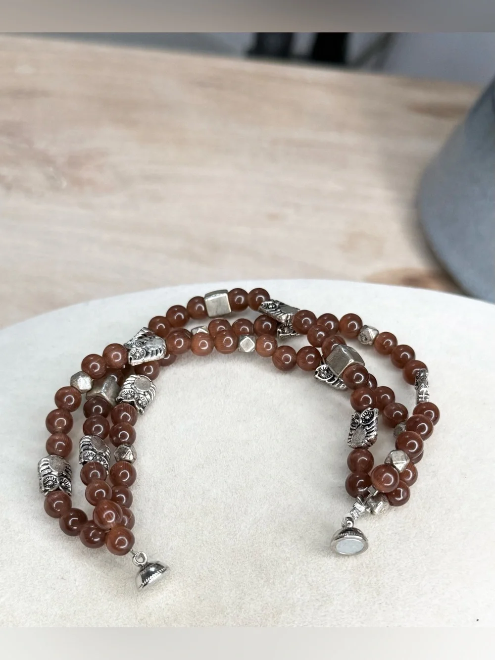 Brown Glass Bead Owl Necklace Silver Tone Multi Strand Magnetic Clasp Boho